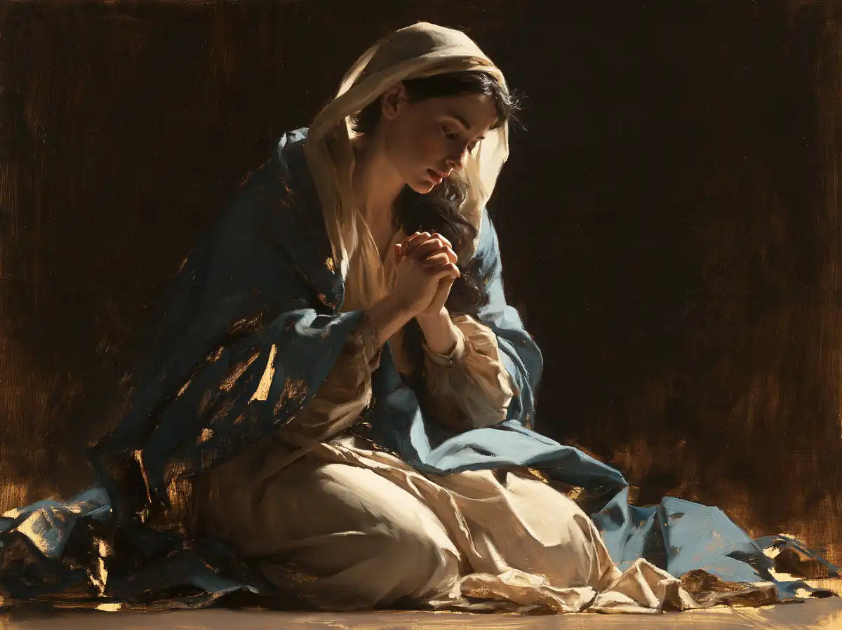 Virgin Mary in Prayer - Midnight Blue Chiaroscuro - Christian artwork collection