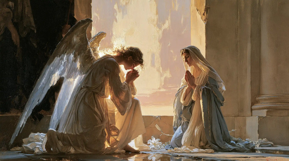 the Annunciation at dawn in The Annunciation at Dawn style, landscape Christian artwork no. 6
