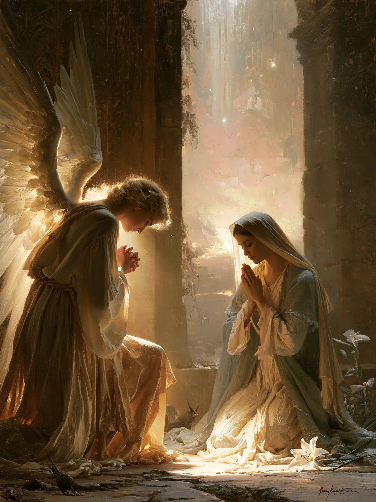 the Annunciation at dawn in The Annunciation at Dawn style, portrait Christian artwork no. 14