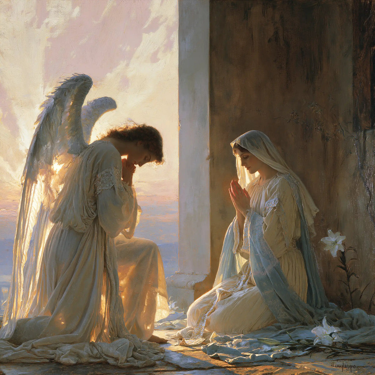the Annunciation at dawn in The Annunciation at Dawn style, square Christian artwork no. 2