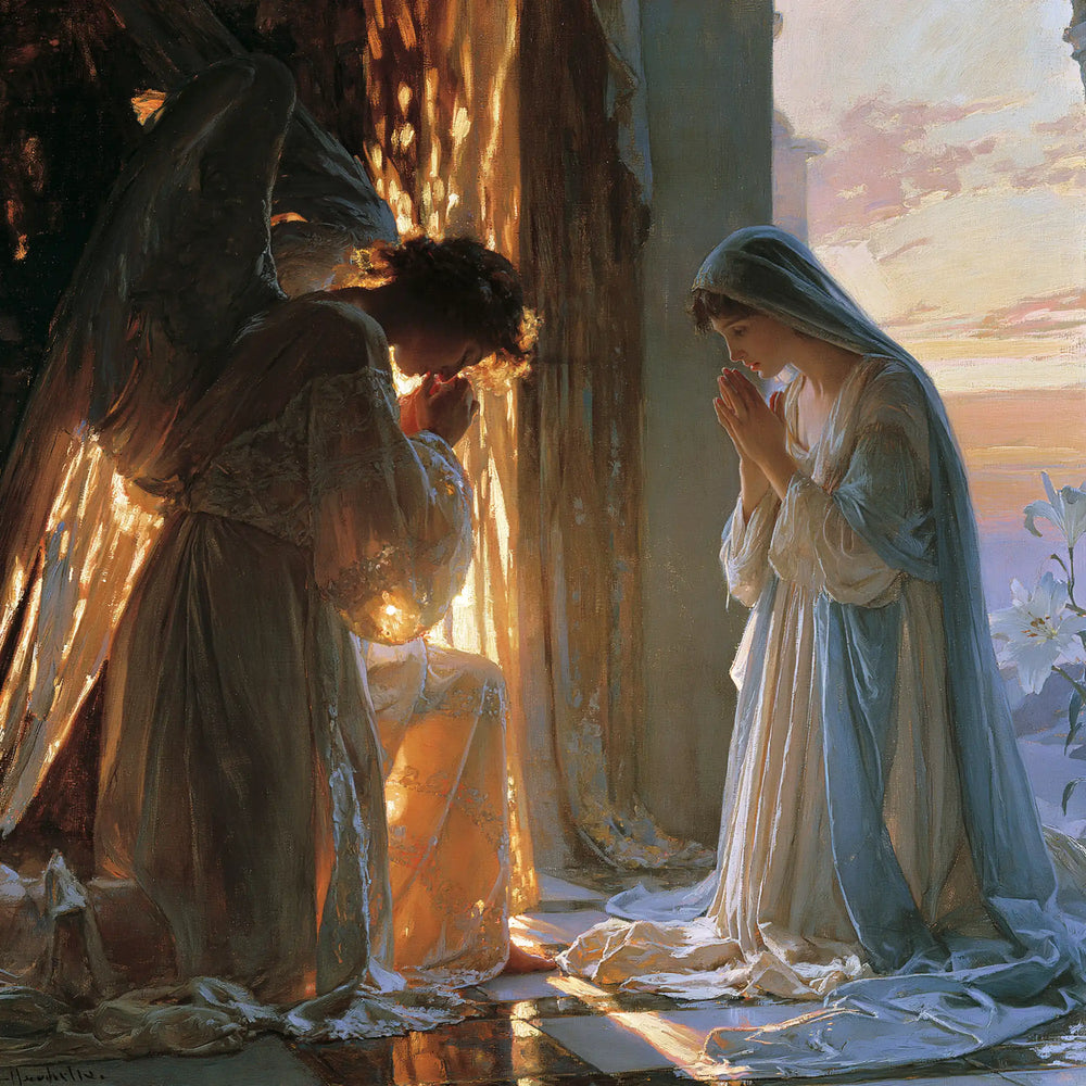 the Annunciation at dawn in The Annunciation at Dawn style, square Christian artwork no. 7