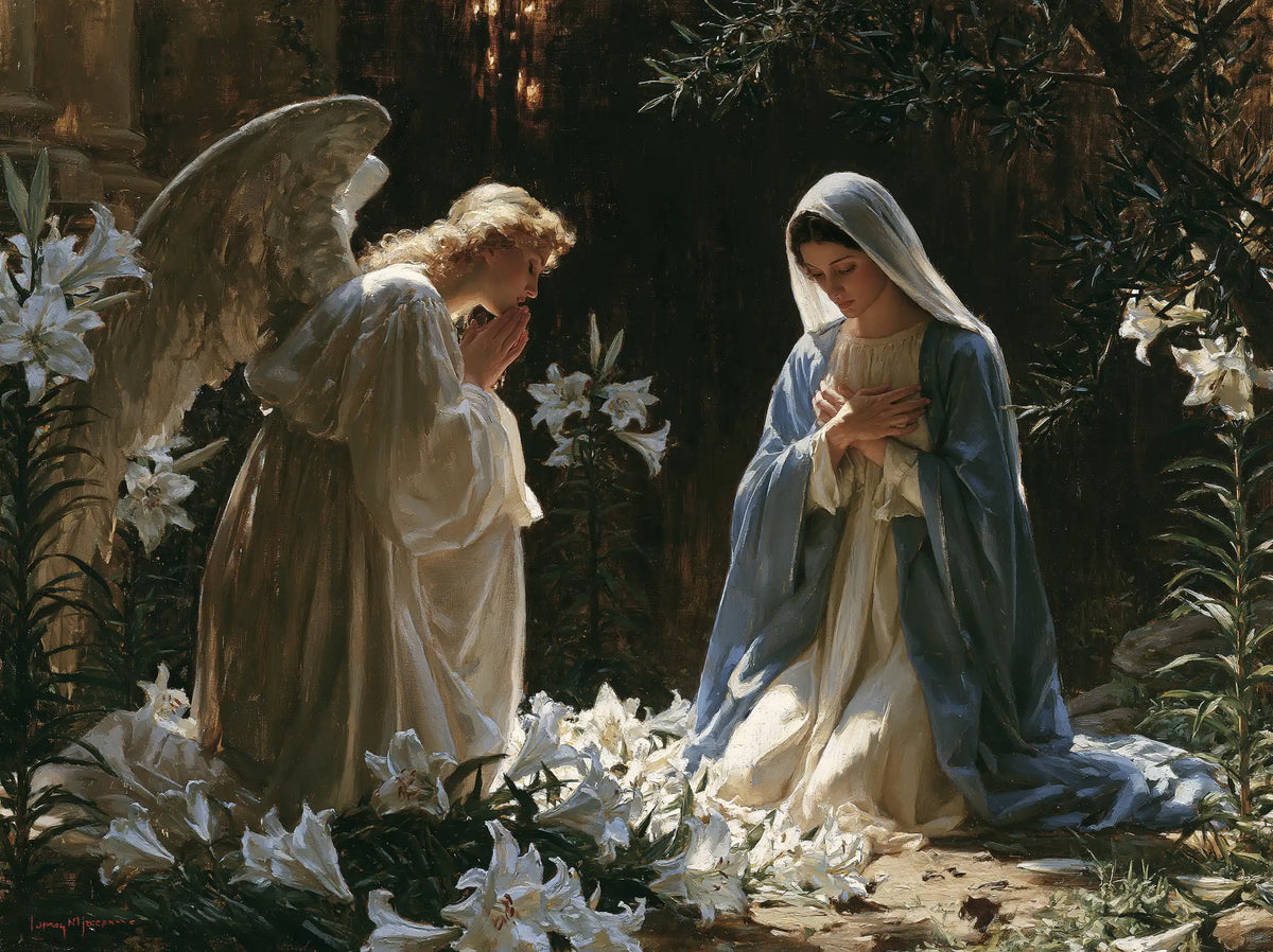 the Annunciation in a garden in The Annunciation in the Garden style, landscape Christian artwork no. 9