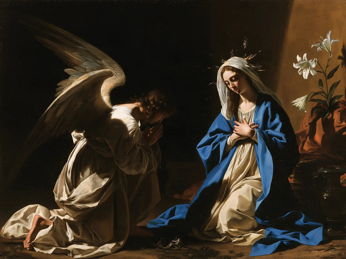 the Annunciation in black and gold in Black and Gold style, landscape Christian artwork no. 2