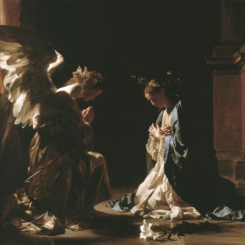the Annunciation in black and gold in Black and Gold style, square Christian artwork no. 2
