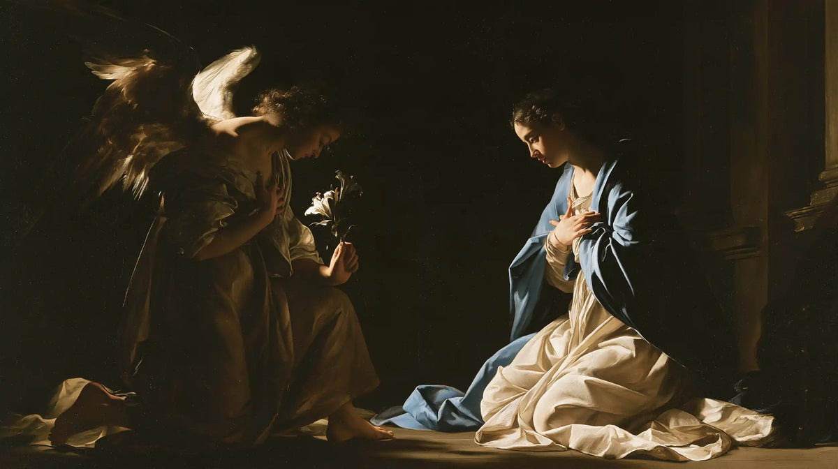 the Annunciation in dramatic chiaroscuro in Caravaggio Tenebrism style, landscape Christian artwork no. 3