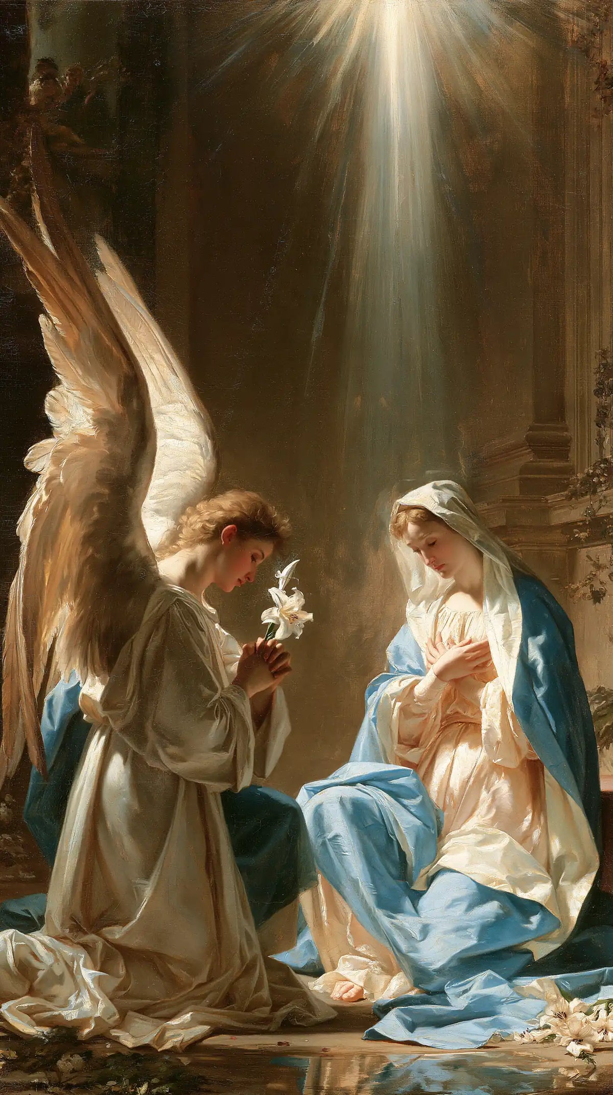 a celestial Annunciation in blue, ivory and gold in Celestial Annunciation in Blue, Ivory and Gold style, portrait Christian artwork no. 6