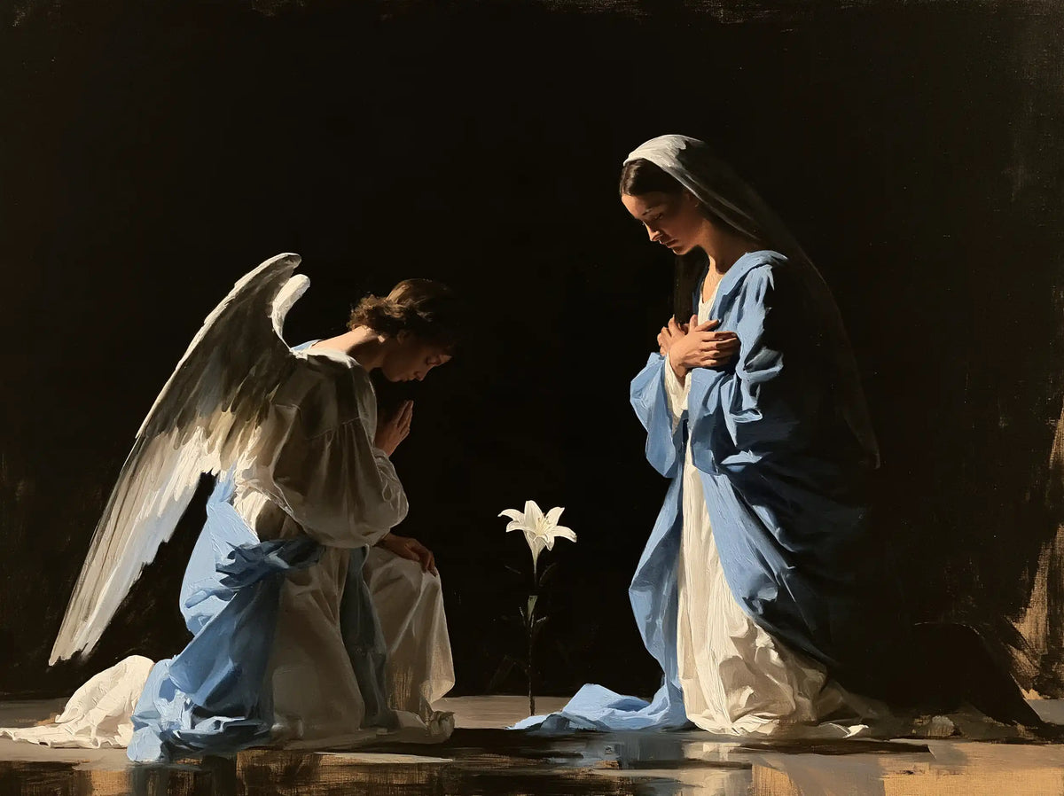 the Annunciation in a minimalist composition in Contemporary Minimalism style, landscape Christian artwork no. 5