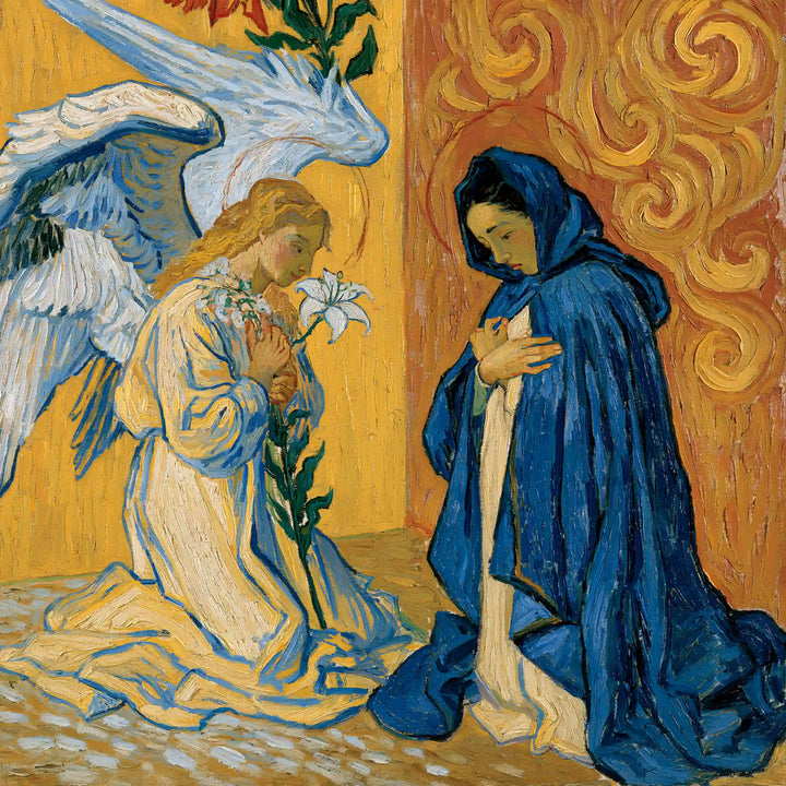Annunciation beside Crimson Scrollwork – Post-Impressionist Art · Square