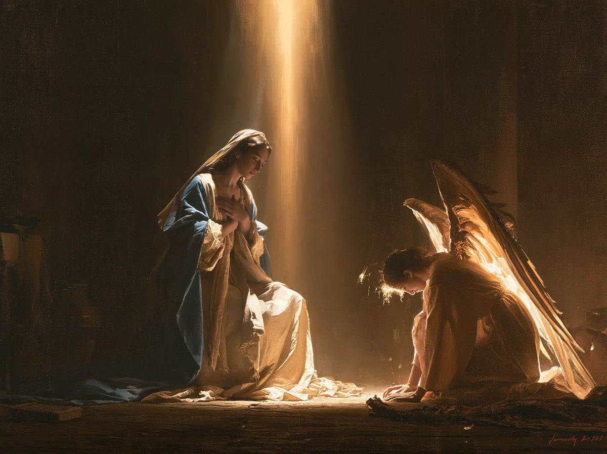 divine light descending upon Mary at the Annunciation in Divine Light Descending upon Mary style, landscape Christian artwork no. 10