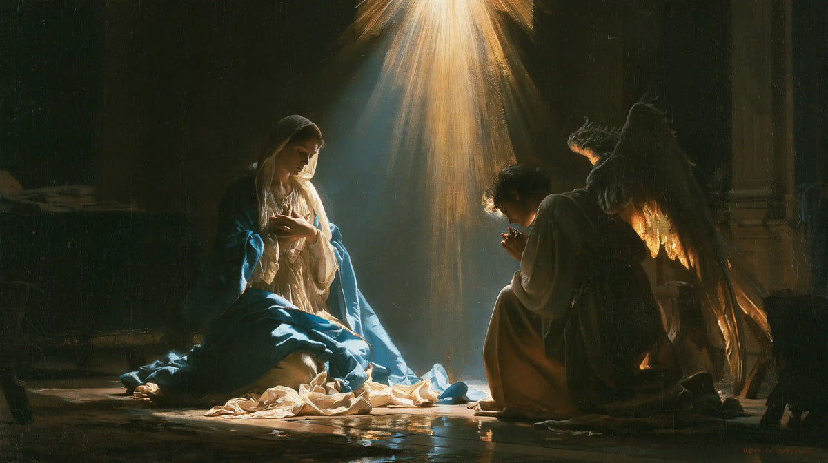 divine light descending upon Mary at the Annunciation in Divine Light Descending upon Mary style, landscape Christian artwork no. 12