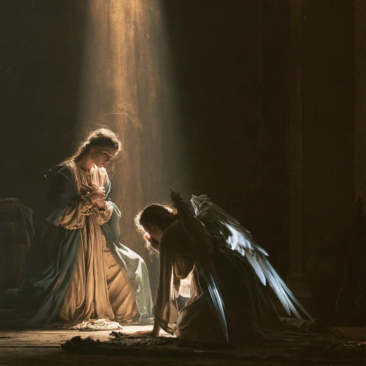 divine light descending upon Mary at the Annunciation in Divine Light Descending upon Mary style, square Christian artwork no. 7