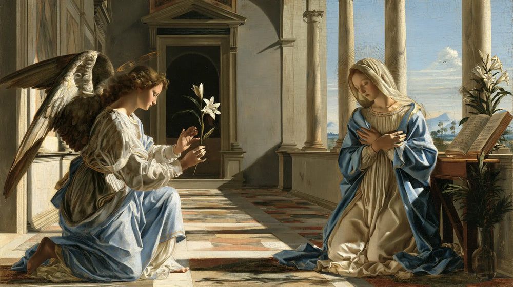 the Annunciation in Florentine Renaissance style in Florentine Renaissance style, landscape Christian artwork no. 14