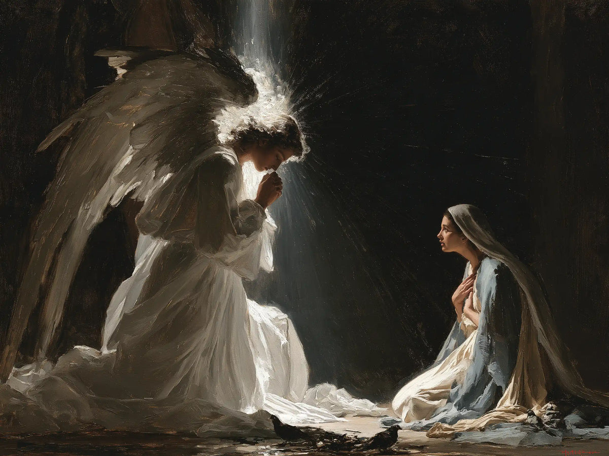 Gabriel in radiant light at the Annunciation in Gabriel in Radiant Light style, landscape Christian artwork no. 1
