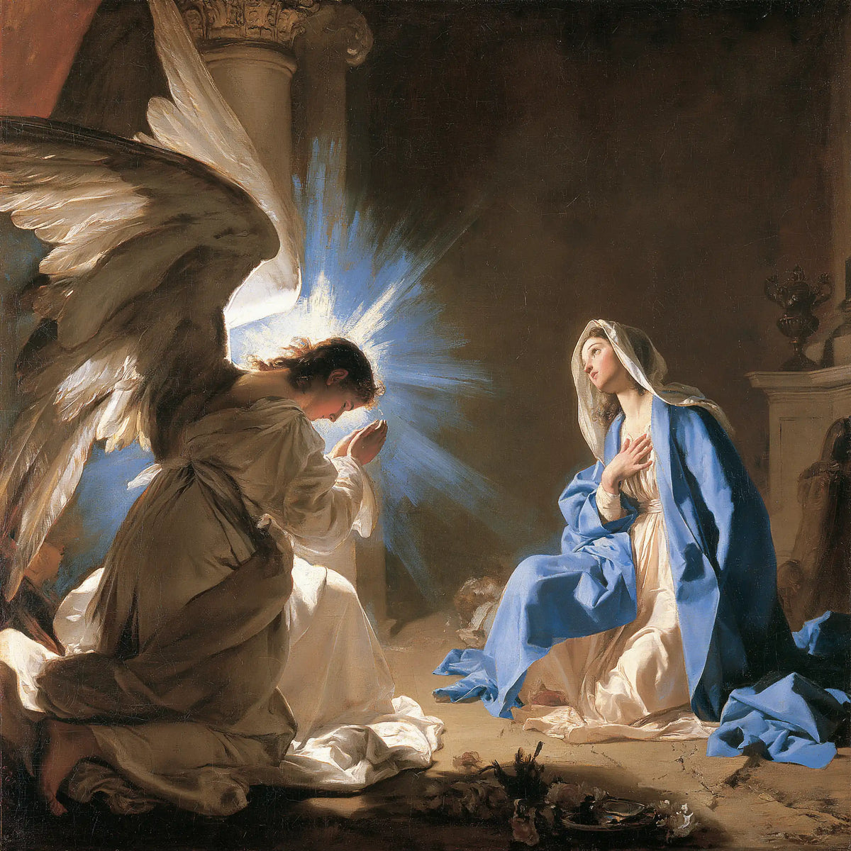 Gabriel in radiant light at the Annunciation in Gabriel in Radiant Light style, square Christian artwork no. 1