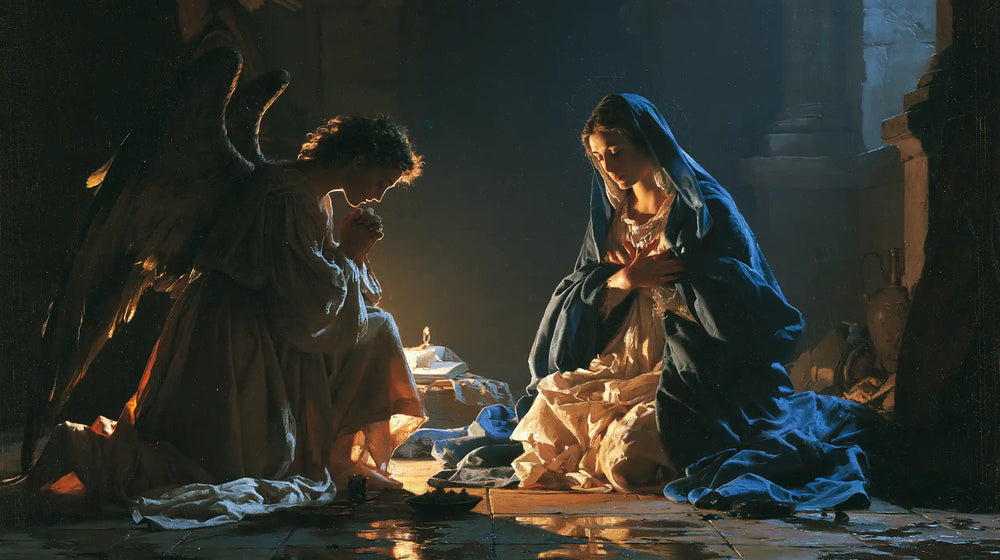 the Annunciation in midnight-blue chiaroscuro in Midnight Blue Chiaroscuro style, landscape Christian artwork no. 13
