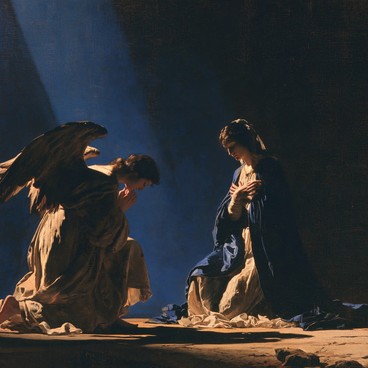 the Annunciation in midnight-blue chiaroscuro in Midnight Blue Chiaroscuro style, square Christian artwork no. 2