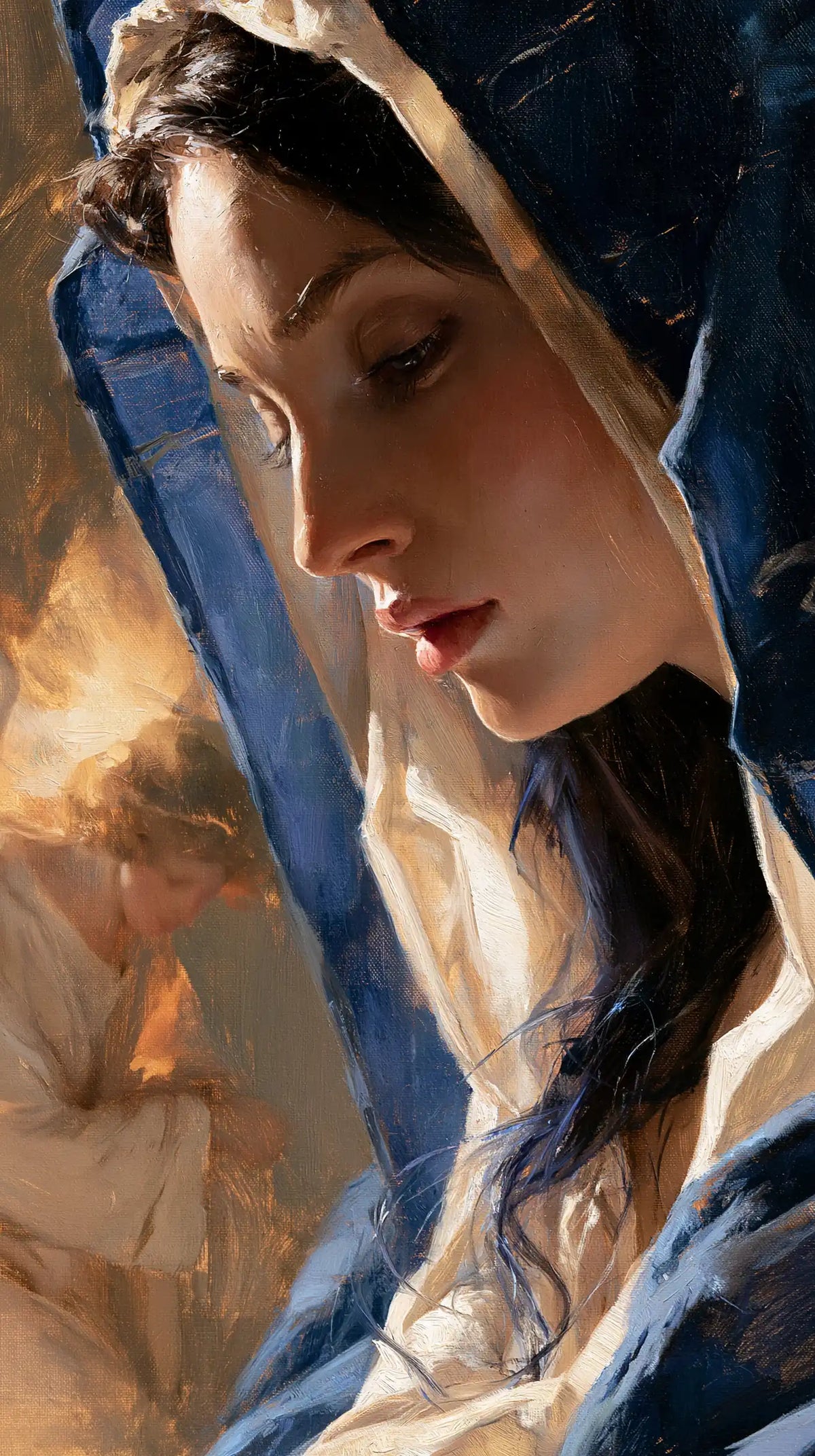 a psychological close-up of the Annunciation in Psychological Close-Up style, portrait Christian artwork no. 1