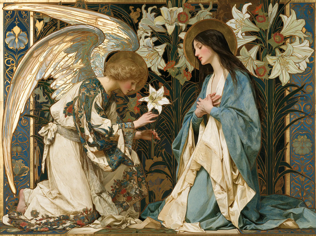 the Annunciation framed by sacred Art Nouveau ornament in Sacred Art Nouveau style, landscape Christian artwork no. 10