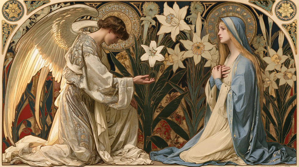 the Annunciation framed by sacred Art Nouveau ornament in Sacred Art Nouveau style, landscape Christian artwork no. 16