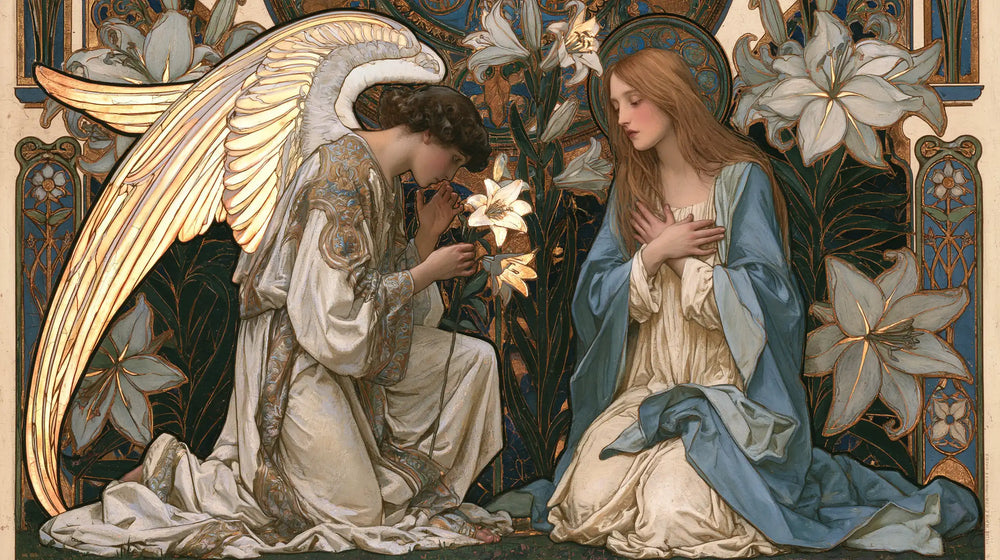 the Annunciation framed by sacred Art Nouveau ornament in Sacred Art Nouveau style, landscape Christian artwork no. 22