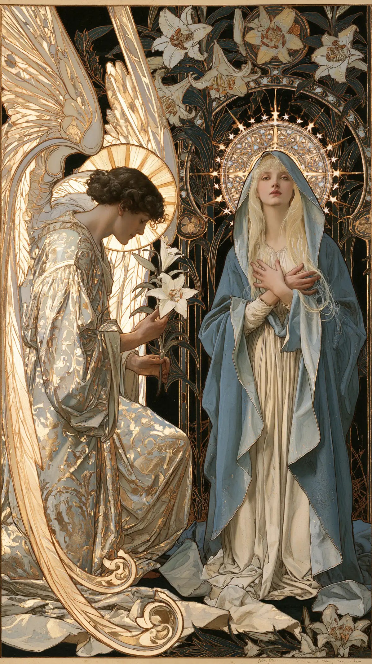 the Annunciation framed by sacred Art Nouveau ornament in Sacred Art Nouveau style, portrait Christian artwork no. 2