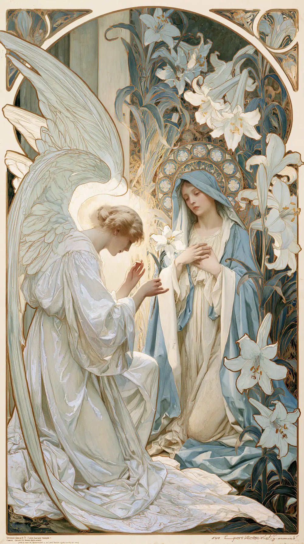 the Annunciation framed by sacred Art Nouveau ornament in Sacred Art Nouveau style, portrait Christian artwork no. 7