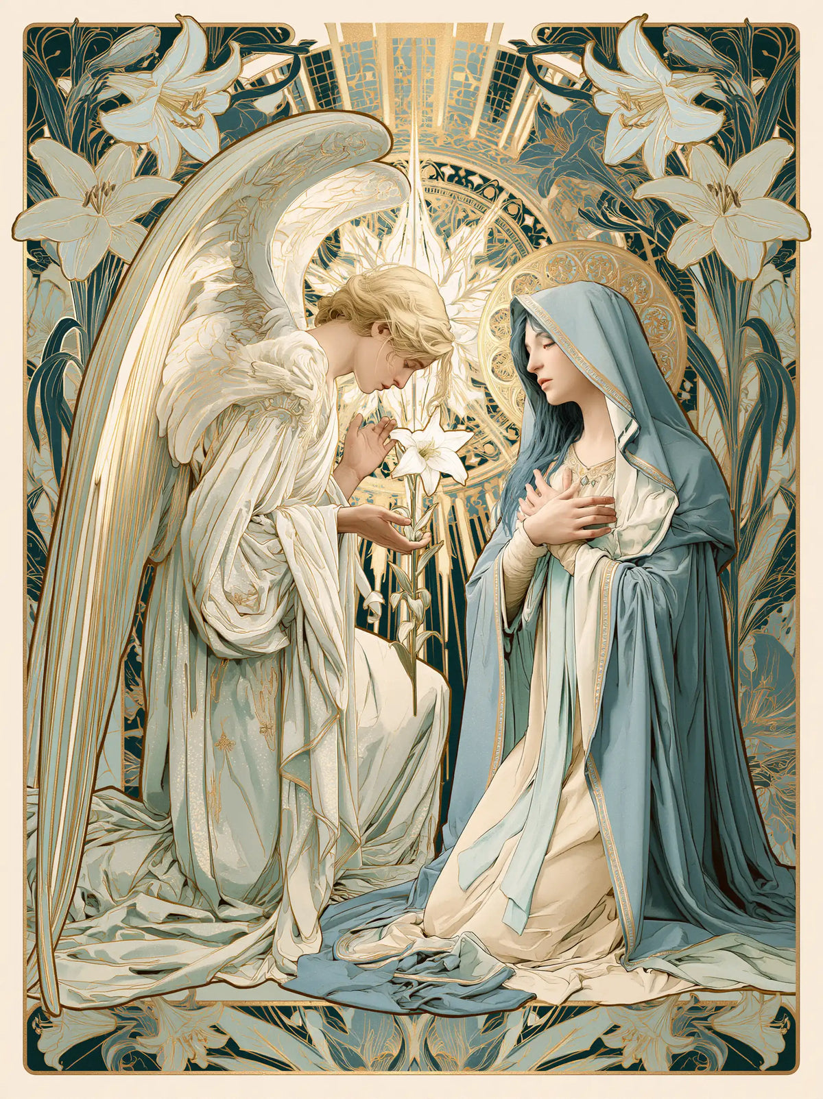 the Annunciation framed by sacred Art Nouveau ornament in Sacred Art Nouveau style, portrait Christian artwork no. 18