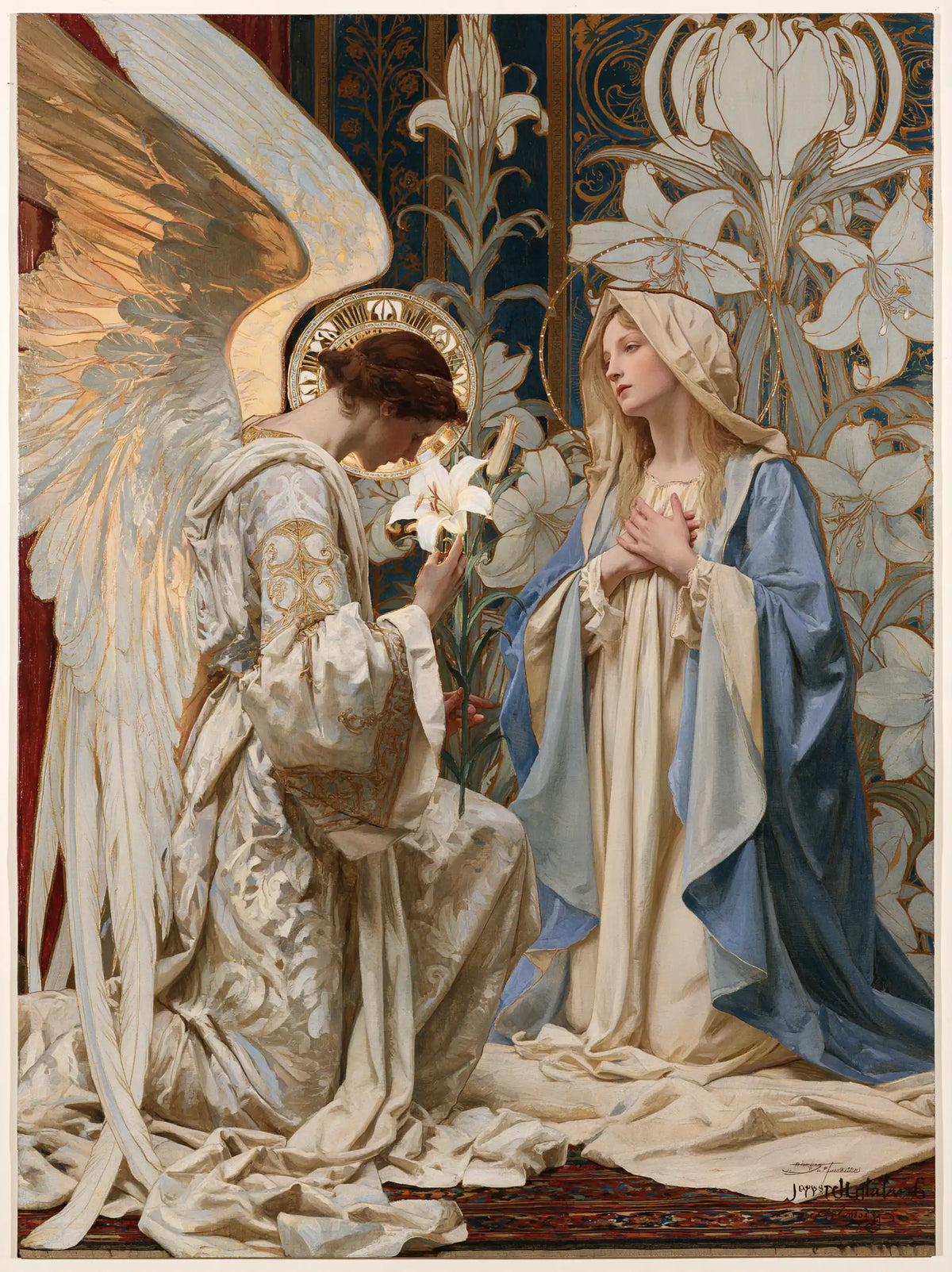 the Annunciation framed by sacred Art Nouveau ornament in Sacred Art Nouveau style, portrait Christian artwork no. 19