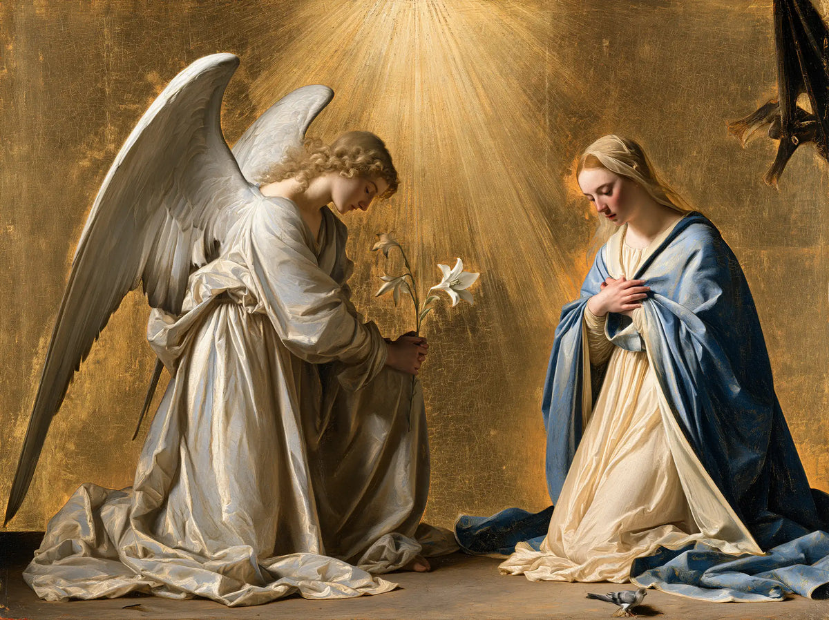 the Annunciation in sacred golden light in Sacred Gold style, landscape Christian artwork no. 7