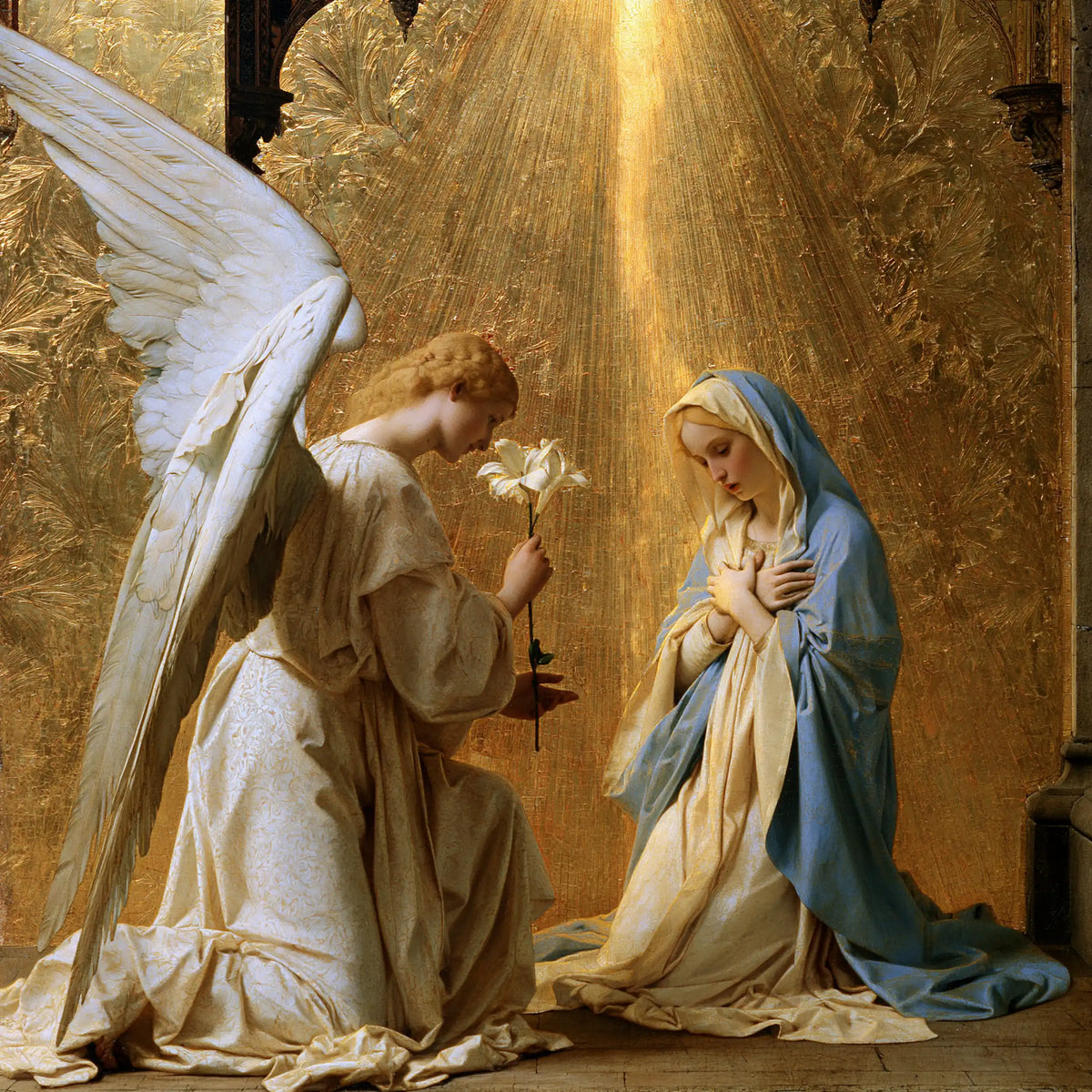 the Annunciation in sacred golden light in Sacred Gold style, square Christian artwork no. 2