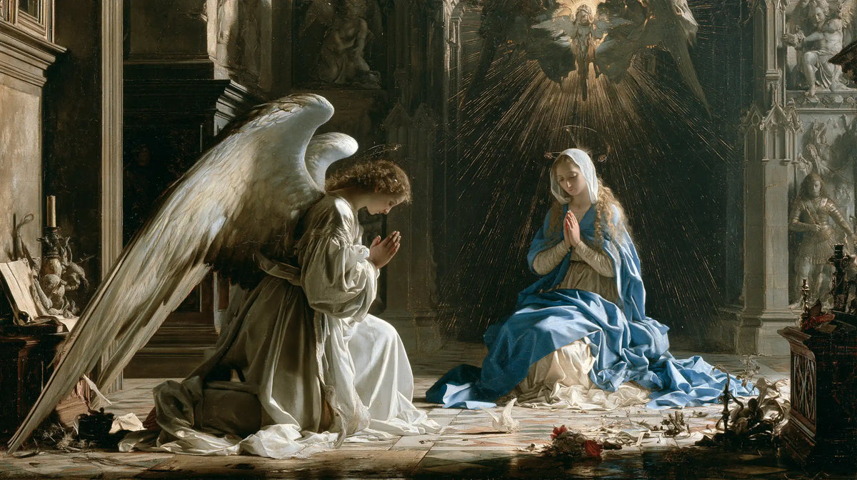 the Annunciation in a monumental sacred view in Sacred Monumental View style, landscape Christian artwork no. 5