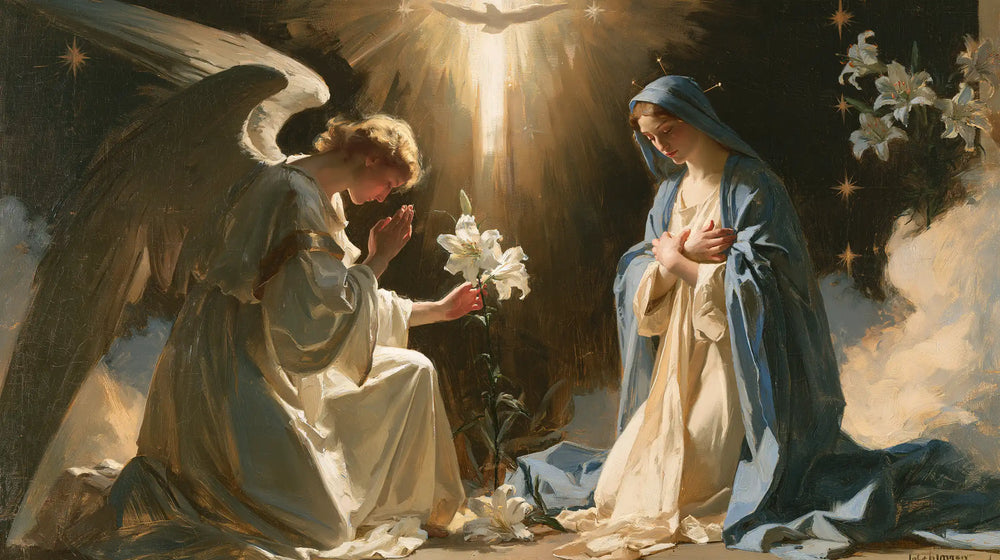 the Annunciation in a symbolist composition in Symbolist style, landscape Christian artwork no. 9