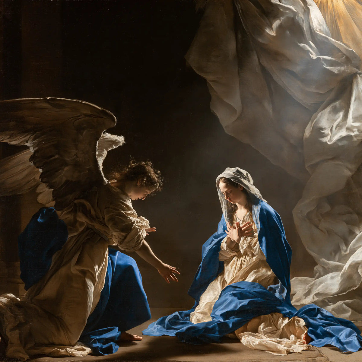 the Annunciation in a theatrical Baroque scene in Theatrical Baroque style, square Christian artwork no. 8