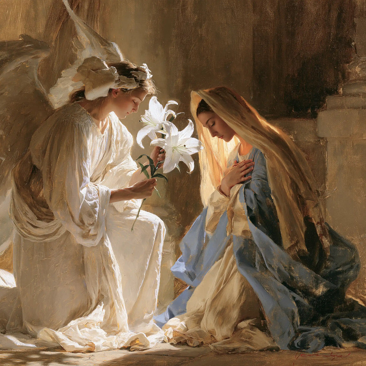 the Annunciation with the white lily as a central symbol in The White Lily as Symbol style, square Christian artwork no. 6