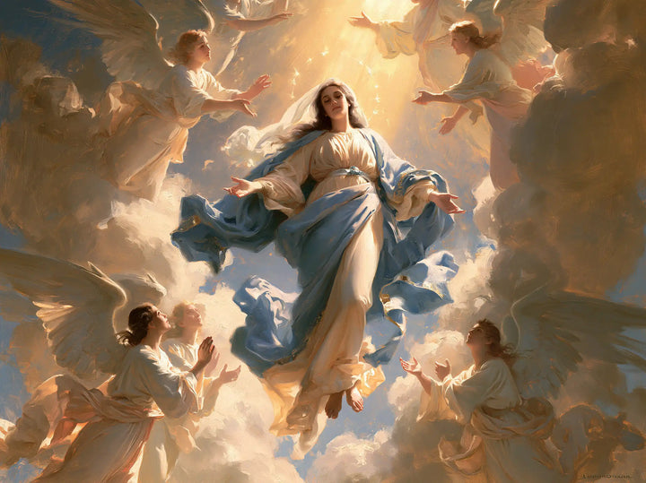 The Assumption of Mary — Blue Folds Between Two White Angels