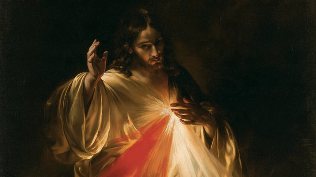 Divine Mercy Jesus — The Rays Beneath the Bowed Gaze