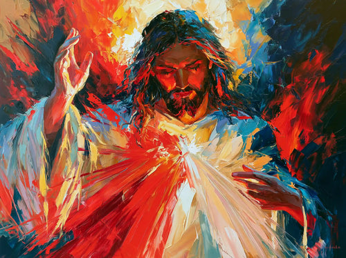 Jesus as Divine Mercy with red and pale rays, expressionist landscape Christian artwork
