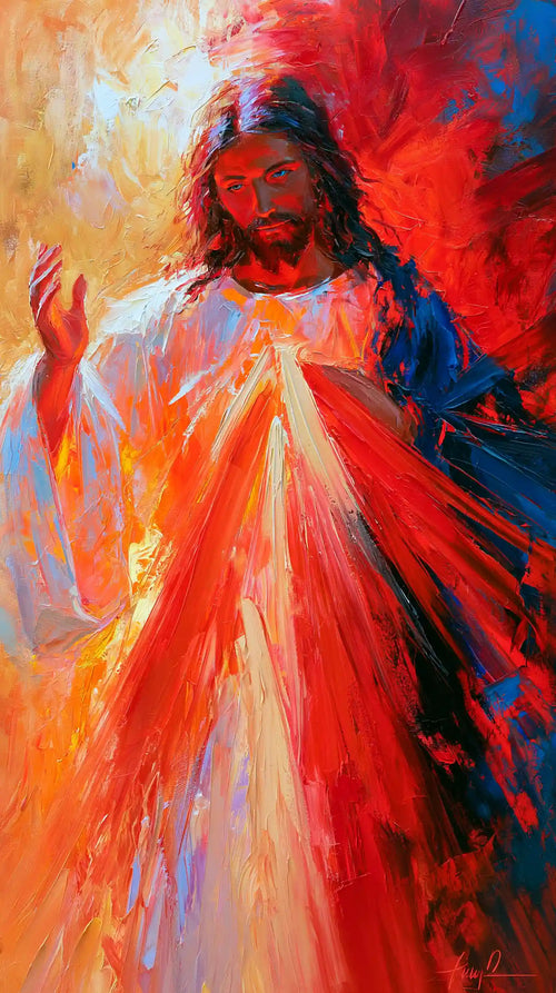 Jesus as Divine Mercy with red and pale rays, expressionist portrait Christian artwork