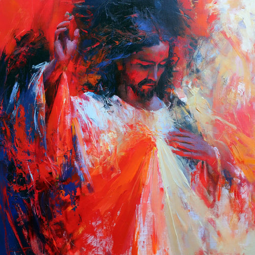 Jesus as Divine Mercy with red and pale rays, expressionist square Christian artwork