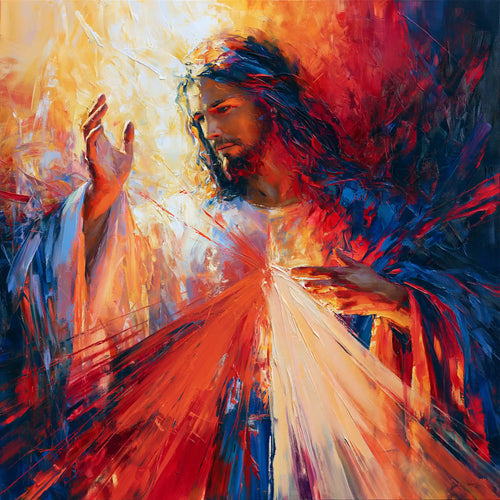 Jesus as Divine Mercy with red and pale rays, expressionist square Christian artwork