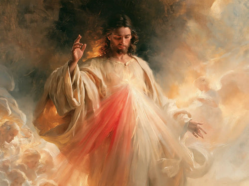 the glory of Divine Mercy Jesus in Glory of the Merciful Christ style, landscape Christian artwork no. 3