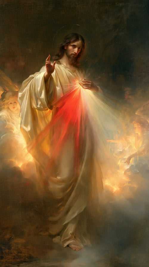 the glory of Divine Mercy Jesus in Glory of the Merciful Christ style, portrait Christian artwork no. 4