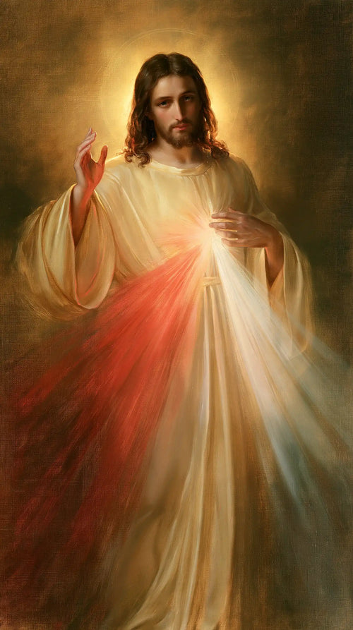 Divine Mercy Jesus raising his hand in blessing in Jesus Blessing style, portrait Christian artwork no. 3