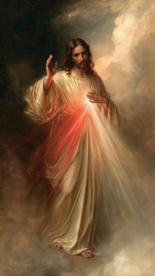 Divine Mercy Jesus appearing upon the clouds in Jesus upon the Clouds style, portrait Christian artwork no. 1