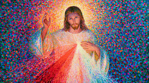 Jesus as Divine Mercy with red and pale rays, pointillist & neo-impressionist landscape Christian artwork