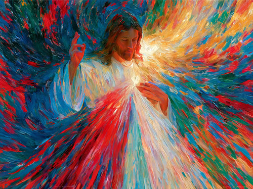 Jesus as Divine Mercy with red and pale rays, post-impressionist landscape Christian artwork