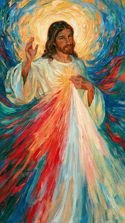 Jesus as Divine Mercy with red and pale rays, post-impressionist portrait Christian artwork
