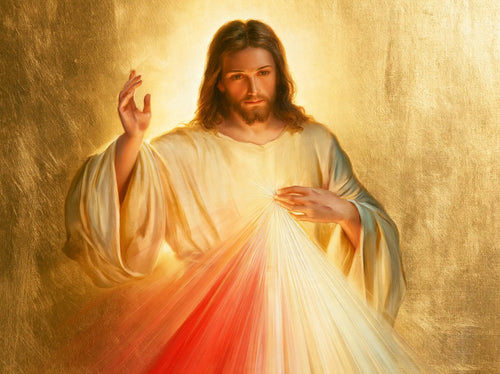 Divine Mercy Jesus in radiant golden light in Sacred Gold style, landscape Christian artwork no. 2