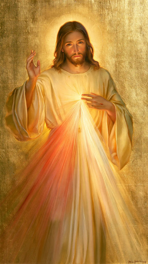 Divine Mercy Jesus in radiant golden light in Sacred Gold style, portrait Christian artwork no. 16