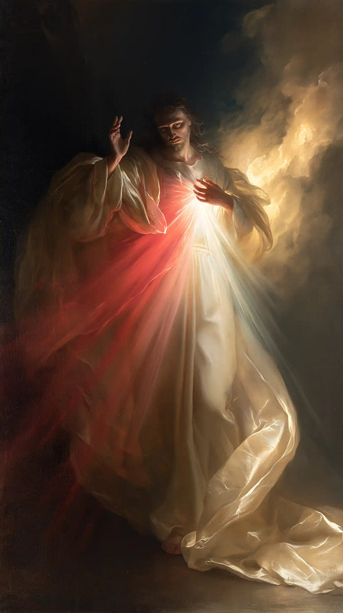 Divine Mercy Jesus in a theatrical Baroque scene in Theatrical Baroque style, portrait Christian artwork no. 2